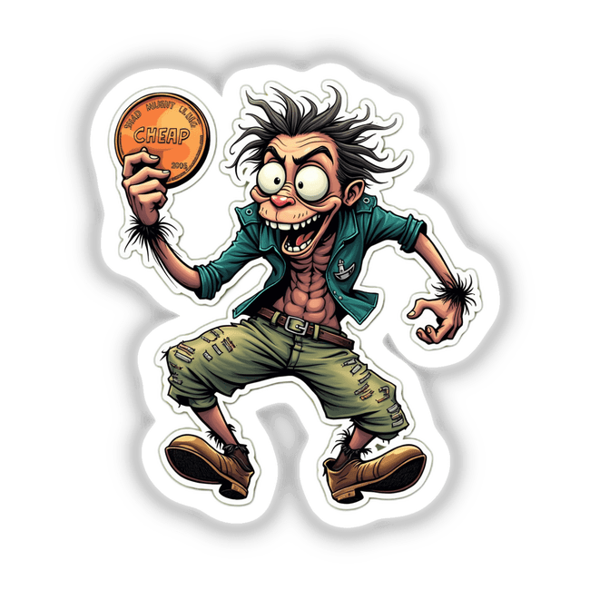 Cartoon character holding a coin, titled Achei uma Moeda. Available as stickers or digital artwork from Decal Venue.