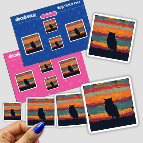 Hand holding Owl Silhouette with Bold Color Stripes stickers, showcasing multiple owl silhouettes in various sizes.