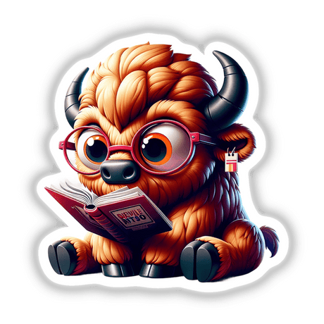Bison in Reading Glasses Open Book: Cartoon bison character in glasses engrossed in an open book, available as stickers or digital artwork from Decal Venue, known for unique vinyl designs.