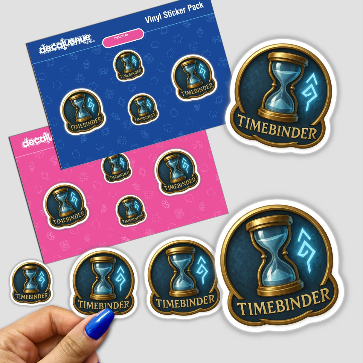 Timebinder – RPG-Style Skill Badge features a gold and blue hourglass emblem, available as unique vinyl stickers or digital artwork, reflecting Decal Venue's specialty in distinctive designs.