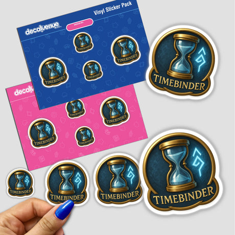 Timebinder – RPG-Style Skill Badge features a gold and blue hourglass emblem, available as unique vinyl stickers or digital artwork, reflecting Decal Venue's specialty in distinctive designs.