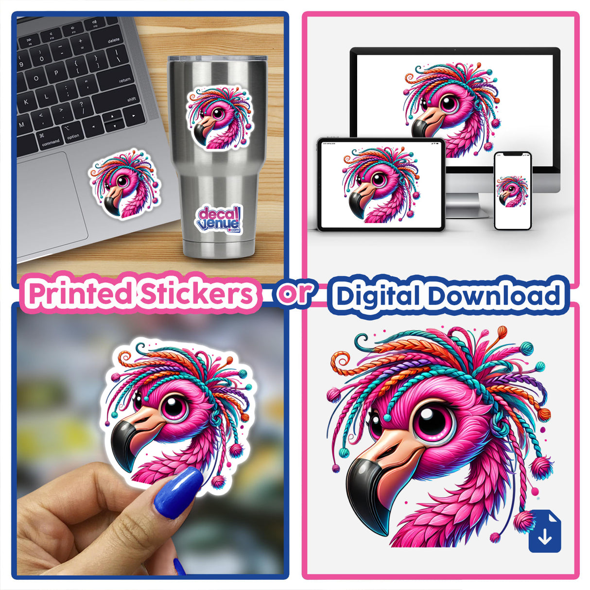 Flamingo with Yarn Hair stickers collage, showcasing cartoon flamingos with yarn-textured hair on laptops and phones, highlighting their whimsical design for personalization and digital art.