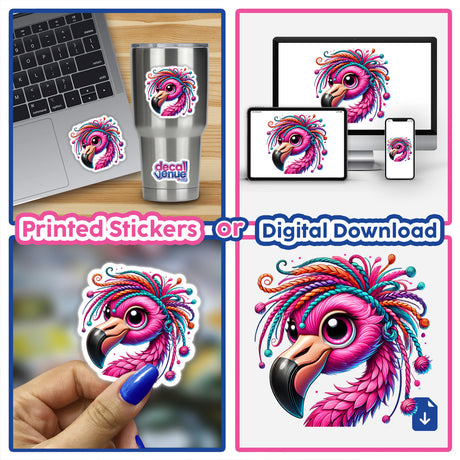 Flamingo with Yarn Hair stickers collage, showcasing cartoon flamingos with yarn-textured hair on laptops and phones, highlighting their whimsical design for personalization and digital art.