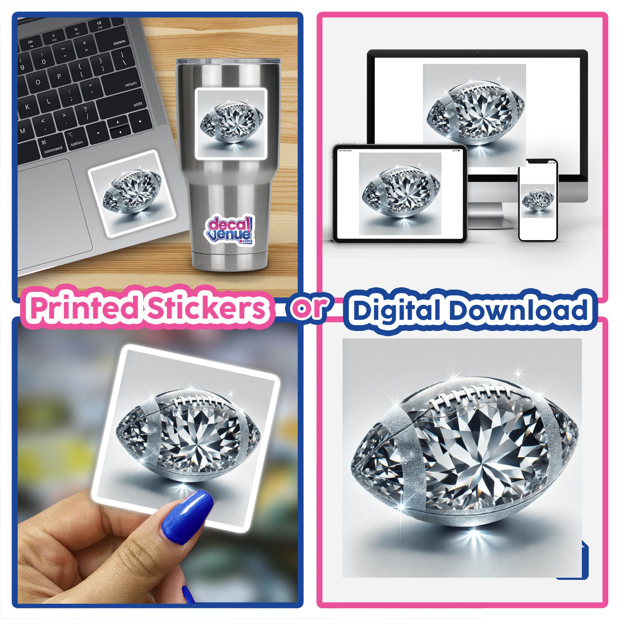 Collage featuring the Diamond Football product, showcasing close-ups of a football adorned with diamond patterns, available as unique stickers or digital artwork from Decal Venue.