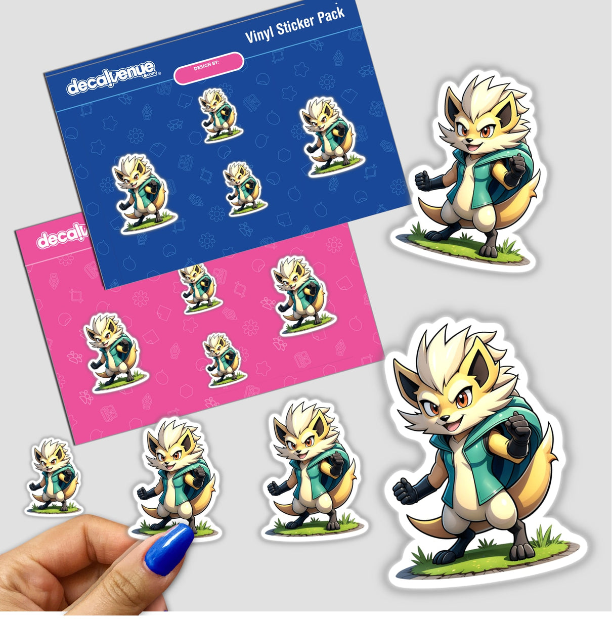 Furry Fighter - Shadow Striker The Hedgehog sticker pack featuring fox and character illustrations, held in hand, showcasing unique vinyl designs from Decal Venue.