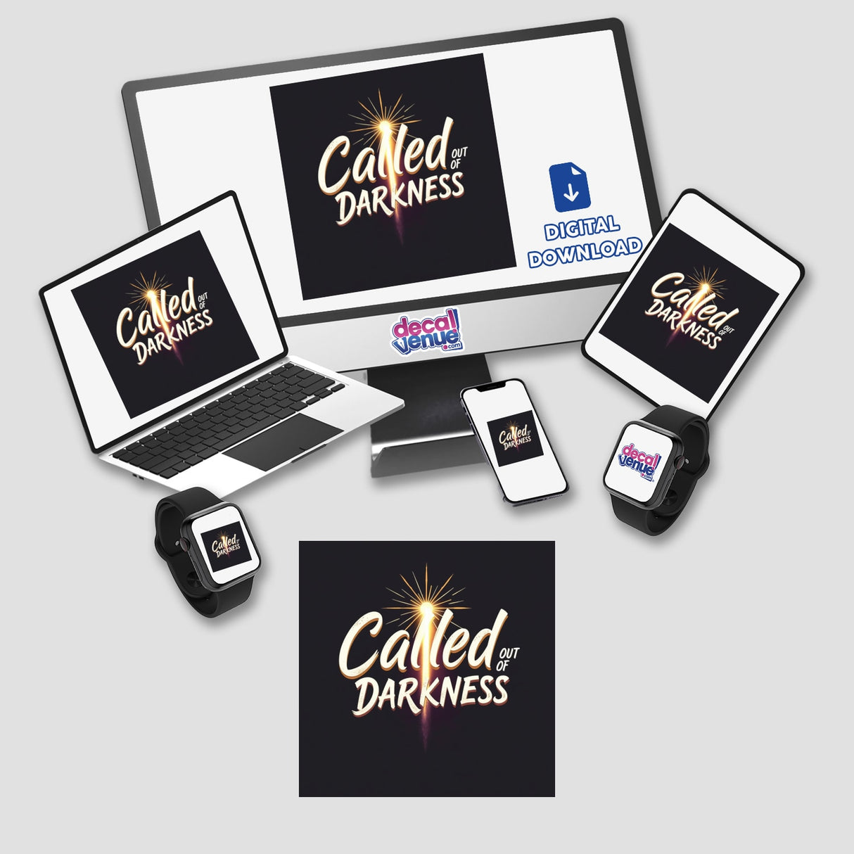 Called Out of Darkness” Sticker & Clipart features a computer monitor and laptop displaying text, embodying a Christian Anti-Halloween theme, available as stickers or digital artwork.