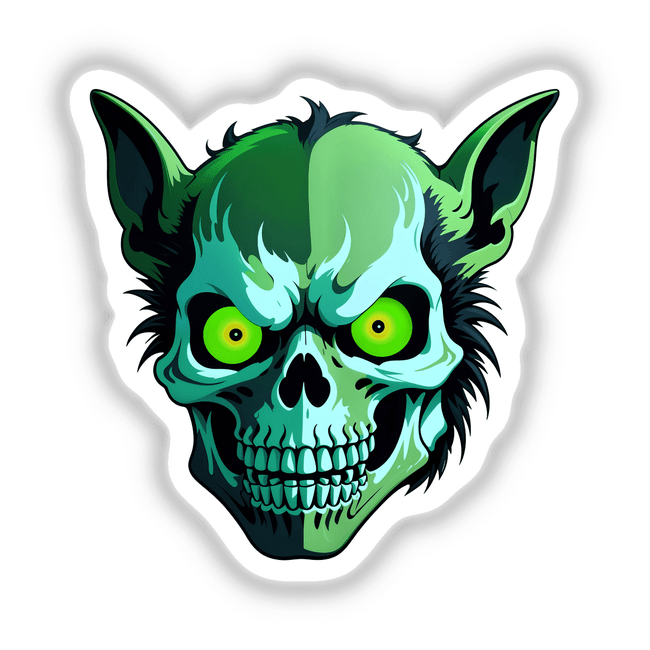 Cartoon illustration of A Hybrid Human Dog Skull with green eyes, available as stickers or digital artwork from Decal Venue, showcasing unique vinyl sticker designs and digital art.