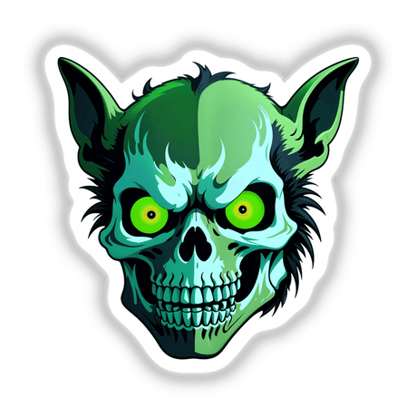 Cartoon illustration of A Hybrid Human Dog Skull with green eyes, available as stickers or digital artwork from Decal Venue, showcasing unique vinyl sticker designs and digital art.