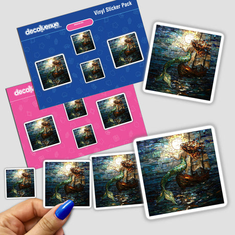 Hand holding a sticker pack featuring Ethereal Mermaid and Shipwreck Mosaic design, showcasing intricate mosaic art of a mermaid on a boat. Available as stickers or digital artwork.