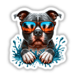 Peeking Pitbull Summer Splash: A dog wearing sunglasses reflecting palm trees, capturing a playful vibe. Available as stickers or digital artwork from Decal Venue, known for unique vinyl designs.