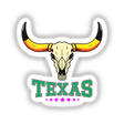 Texas USA Skull Design sticker featuring a bull skull with prominent horns, stylized text, and graphic elements, available as unique vinyl stickers or digital artwork from Decal Venue.