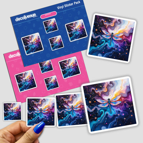 Dragonfly Alcohol Ink Design featuring intricate dragonflies and stars, available as unique stickers or digital artwork.