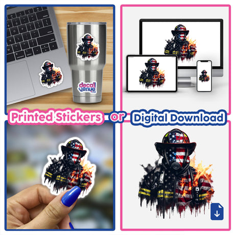 American Flag Infused Firefighter w/ Flames - Digital artwork showcasing a firefighter adorned with the American flag and surrounded by flames