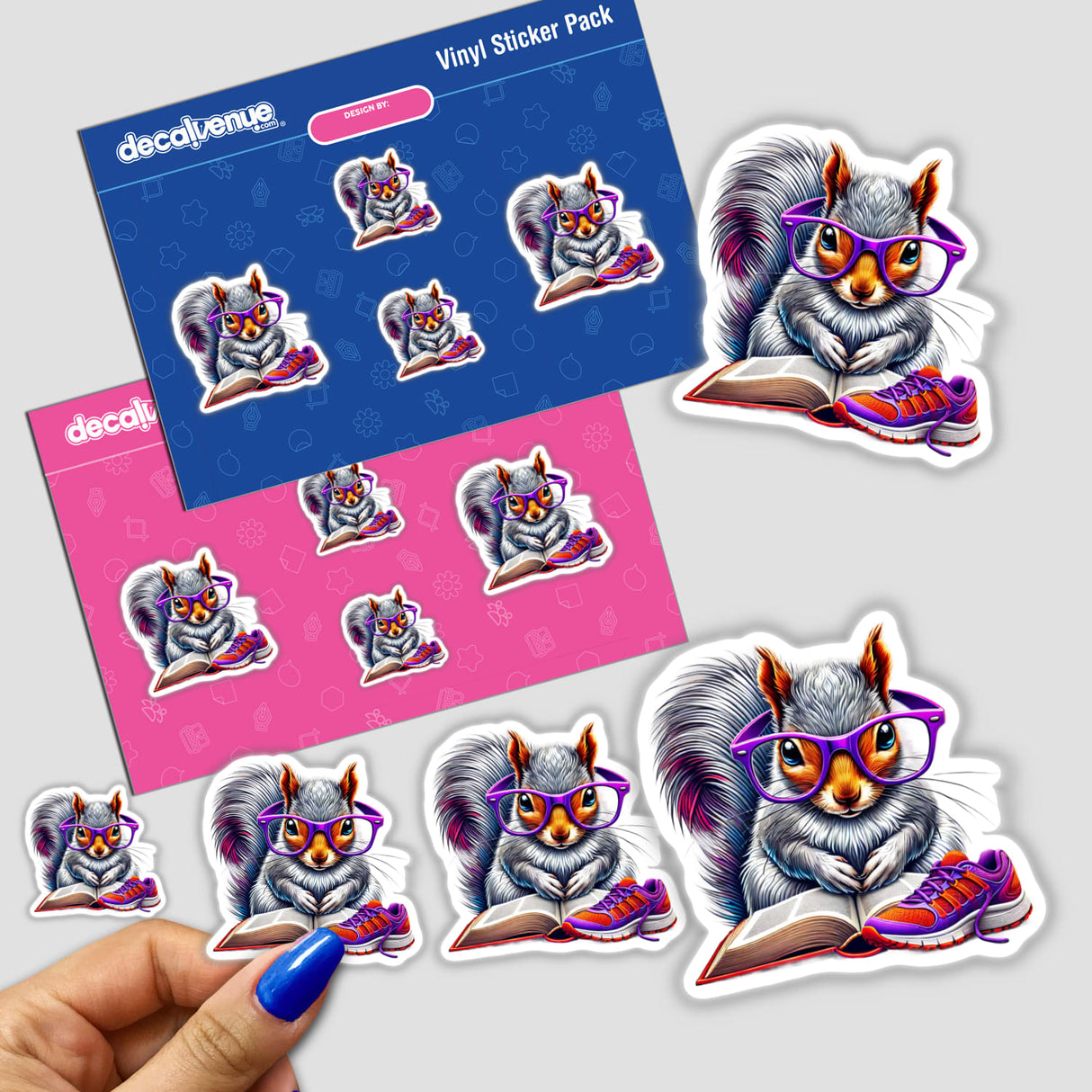 Squirrel Reading a Book with Purple Glasses and Running Shoe sticker, featuring a cartoon squirrel in glasses engrossed in a book, available as a vinyl sticker or digital artwork.