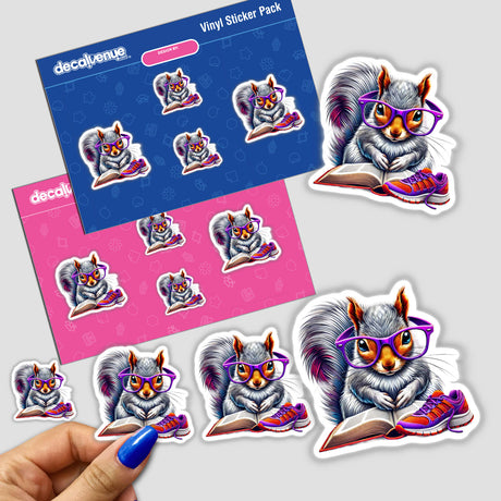 Squirrel Reading a Book with Purple Glasses and Running Shoe sticker, featuring a cartoon squirrel in glasses engrossed in a book, available as a vinyl sticker or digital artwork.