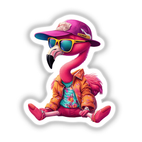 Stylish Flamingo cartoon wearing a hat and sunglasses, available as stickers or digital artwork.