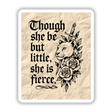 Though She Be But Little Shakespeare Quote Sticker or Clipart features a lion with a sword and roses, embodying a Shakespearean lioness tattoo design. Available as stickers or digital artwork.