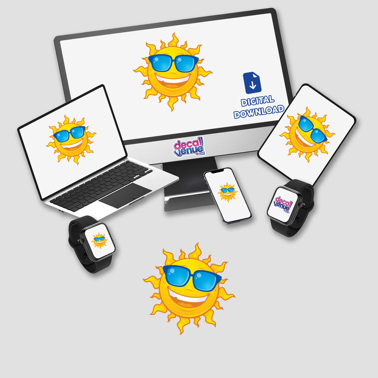 Summer Sun Wearing Sunglasses sticker displayed on various electronic screens, including a laptop and tablet. Available as part of a Sticker Pack or individual stickers from Decal Venue.