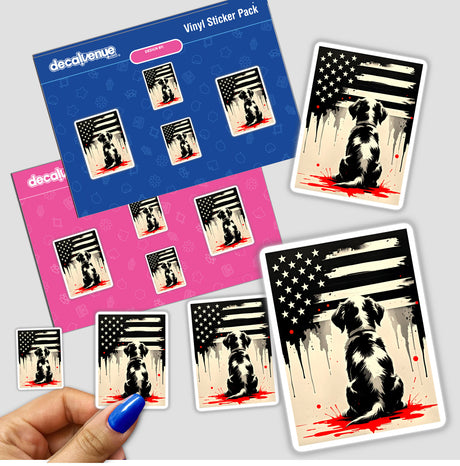 Sticker titled A Cute Puppy Looks At The American Flag, featuring a black and white dog sitting on a flag. Available as a sticker or digital artwork from Decal Venue.