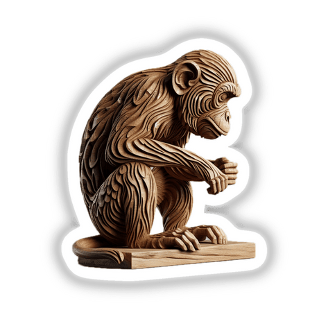 Carved Wood Monkey sculpture showcasing intricate details, available as stickers or digital artwork from Decal Venue, specializing in unique artistic creations.