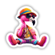 Trendy Flamingo Sitting Pretty: A whimsical cartoon flamingo, depicted in a relaxed pose, available as stickers or digital artwork from Decal Venue.