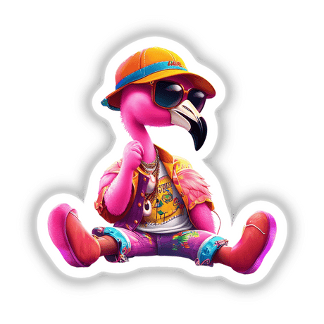 Trendy Flamingo Sitting Pretty: A whimsical cartoon flamingo, depicted in a relaxed pose, available as stickers or digital artwork from Decal Venue.