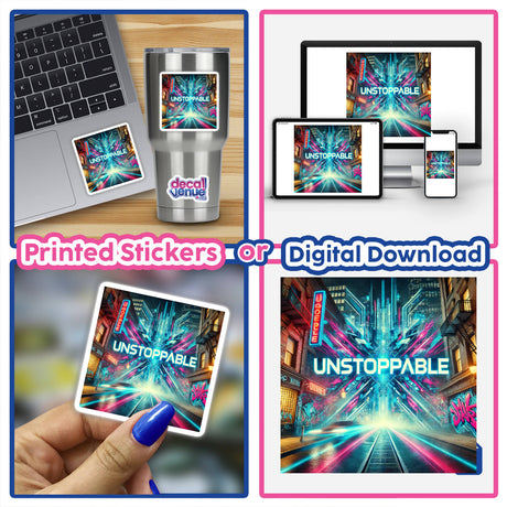 Unstoppable Cyberpunk Graffiti Sticker or Clipart with Commercial Rights, featuring bold, motivational urban art elements. Available as unique stickers or digital artwork, embodying Decal Venue's ethos of distinctive vinyl designs.