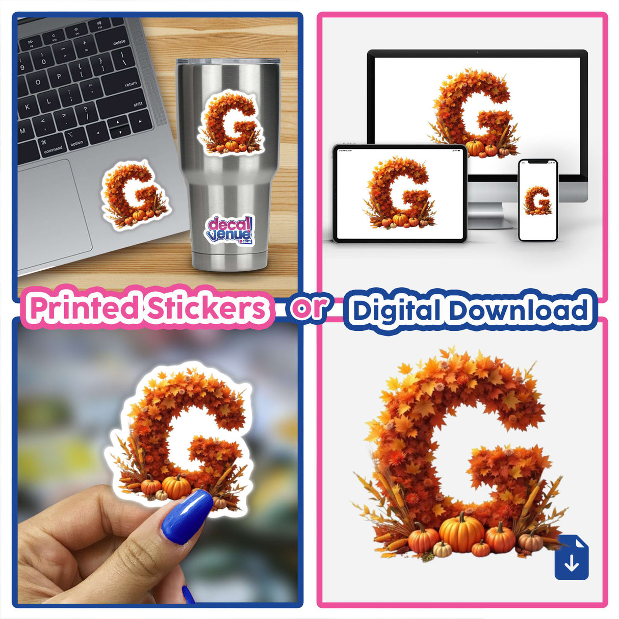 Thanksgiving Letter G Clipart featuring fall leaves and pumpkins; shown as stickers on a laptop and digital artwork for commercial use.