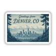 Greetings from Denver Postcard Sticker or Clipart featuring Retro Union Station Art, available as vinyl stickers or digital artwork with commercial rights, capturing a vintage travel postcard aesthetic.