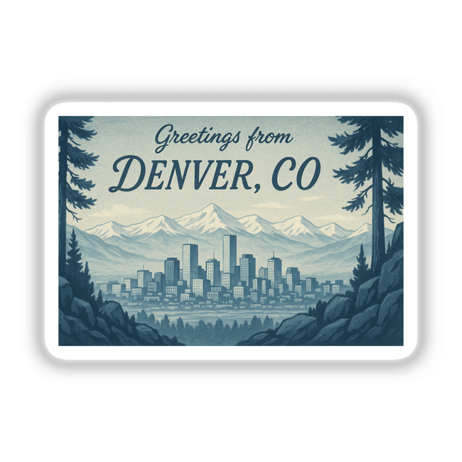 Greetings from Denver Postcard Sticker or Clipart featuring Retro Union Station Art, available as vinyl stickers or digital artwork with commercial rights, capturing a vintage travel postcard aesthetic.