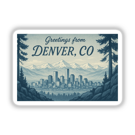 Greetings from Denver Postcard Sticker or Clipart featuring Retro Union Station Art, available as vinyl stickers or digital artwork with commercial rights, capturing a vintage travel postcard aesthetic.