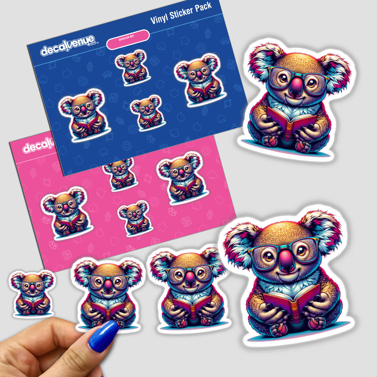 Koala With Reading Glasses Open Book sticker pack, featuring a cartoon koala bear engrossed in a book, available as vinyl stickers or digital artwork from Decal Venue.
