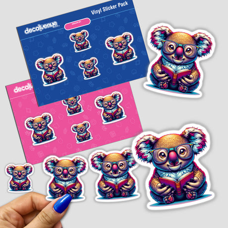 Koala With Reading Glasses Open Book sticker pack, featuring a cartoon koala bear engrossed in a book, available as vinyl stickers or digital artwork from Decal Venue.