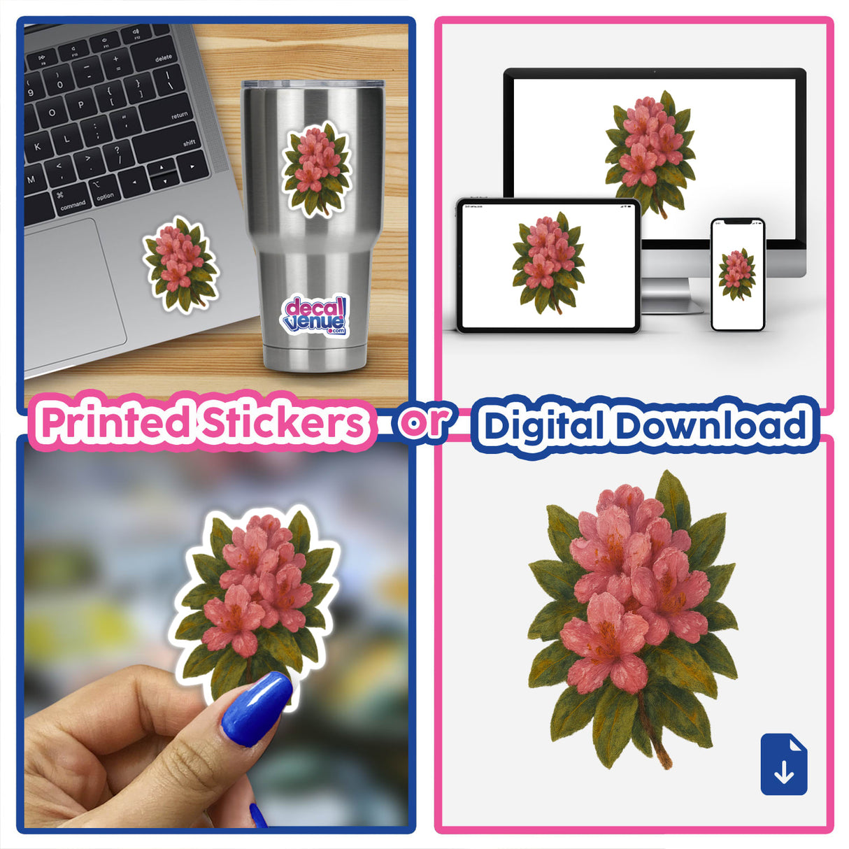 Washington State Flower Sticker or Clipart featuring the Coast Rhododendron, available as stickers or digital artwork, showcasing intricate floral design, perfect for commercial use from Decal Venue.
