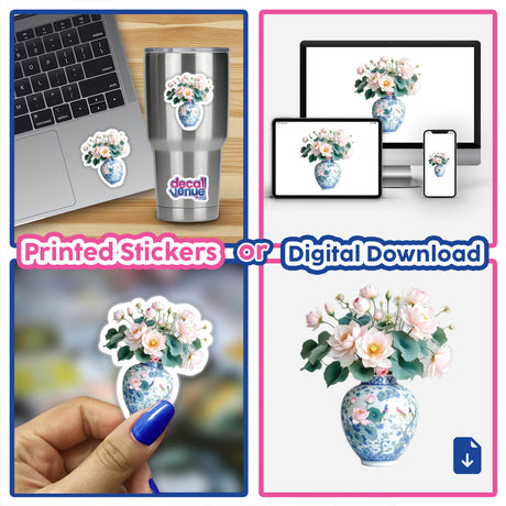 Chinoiserie Vase with Lotus Flowers depicted as part of a collage, featuring a laptop with a sticker and a hand. The vase is available as a sticker or digital artwork.