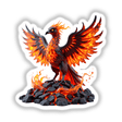 Molten Lava Phoenix statue with flames, depicted atop rocks, available as stickers or digital artwork from Decal Venue. The image blends elements of art and fantasy, capturing a fiery bird's essence.