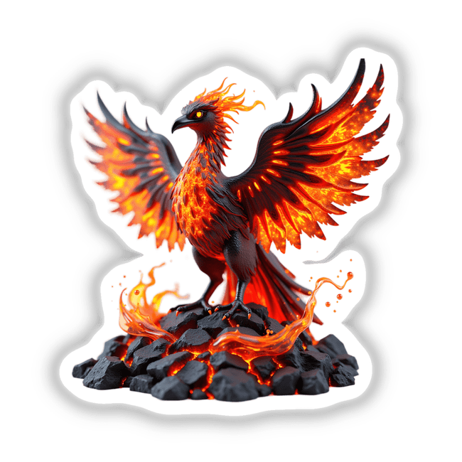 Molten Lava Phoenix statue with flames, depicted atop rocks, available as stickers or digital artwork from Decal Venue. The image blends elements of art and fantasy, capturing a fiery bird's essence.