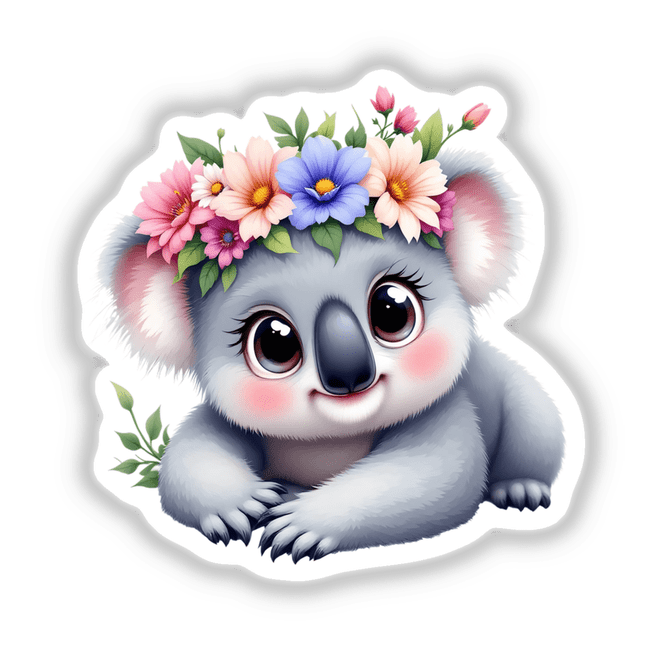 Adorable Koala with a Floral Crown: A cartoon koala adorned with a whimsical floral crown, available as high-quality stickers or digital art, perfect for adding charm to any space.