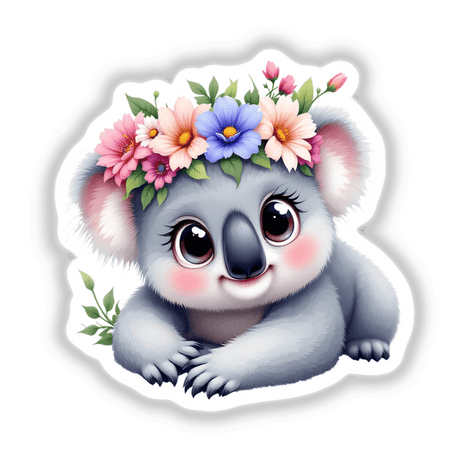 Adorable Koala with a Floral Crown: A cartoon koala adorned with a whimsical floral crown, available as high-quality stickers or digital art, perfect for adding charm to any space.