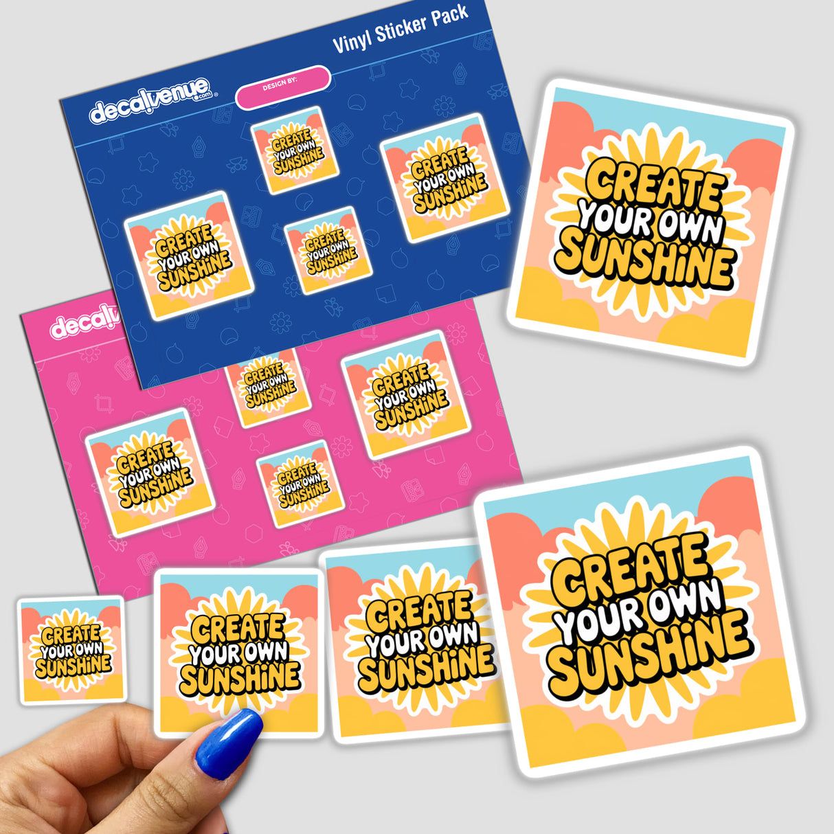 Hand holding Create Your Own Sunshine Positive Affirmation Sticker from Decal Venue, featuring vibrant designs and motivational text, available as stickers or digital artwork for mental health and commercial use.