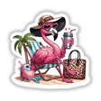 Sassy Leopard Accent Flamingo Bird at Beach: Cartoon flamingo lounging with sunglasses, beach bag, and drink, perfect as unique vinyl stickers or digital artwork from Decal Venue.