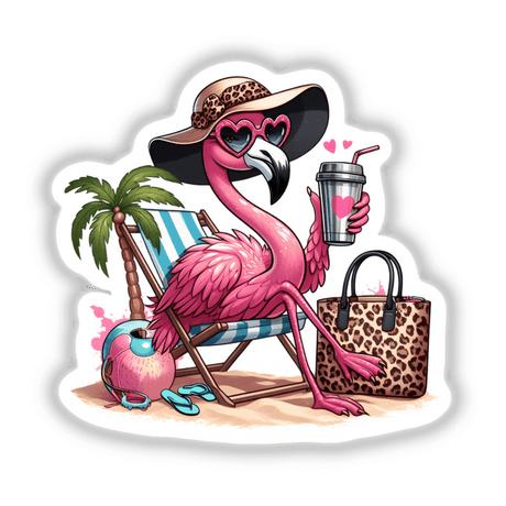 Sassy Leopard Accent Flamingo Bird at Beach: Cartoon flamingo lounging with sunglasses, beach bag, and drink, perfect as unique vinyl stickers or digital artwork from Decal Venue.