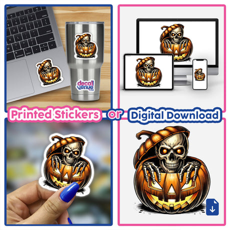 Skeleton peeking out of carved pumpkin, spooky Halloween digital artwork displayed on various products
