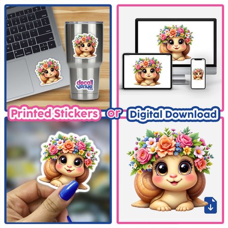 Cute Snail with a Springtime Flower Crown depicted as a charming cartoon sticker, featuring a snail adorned with vibrant flowers, ideal for decorating laptops or personal items.