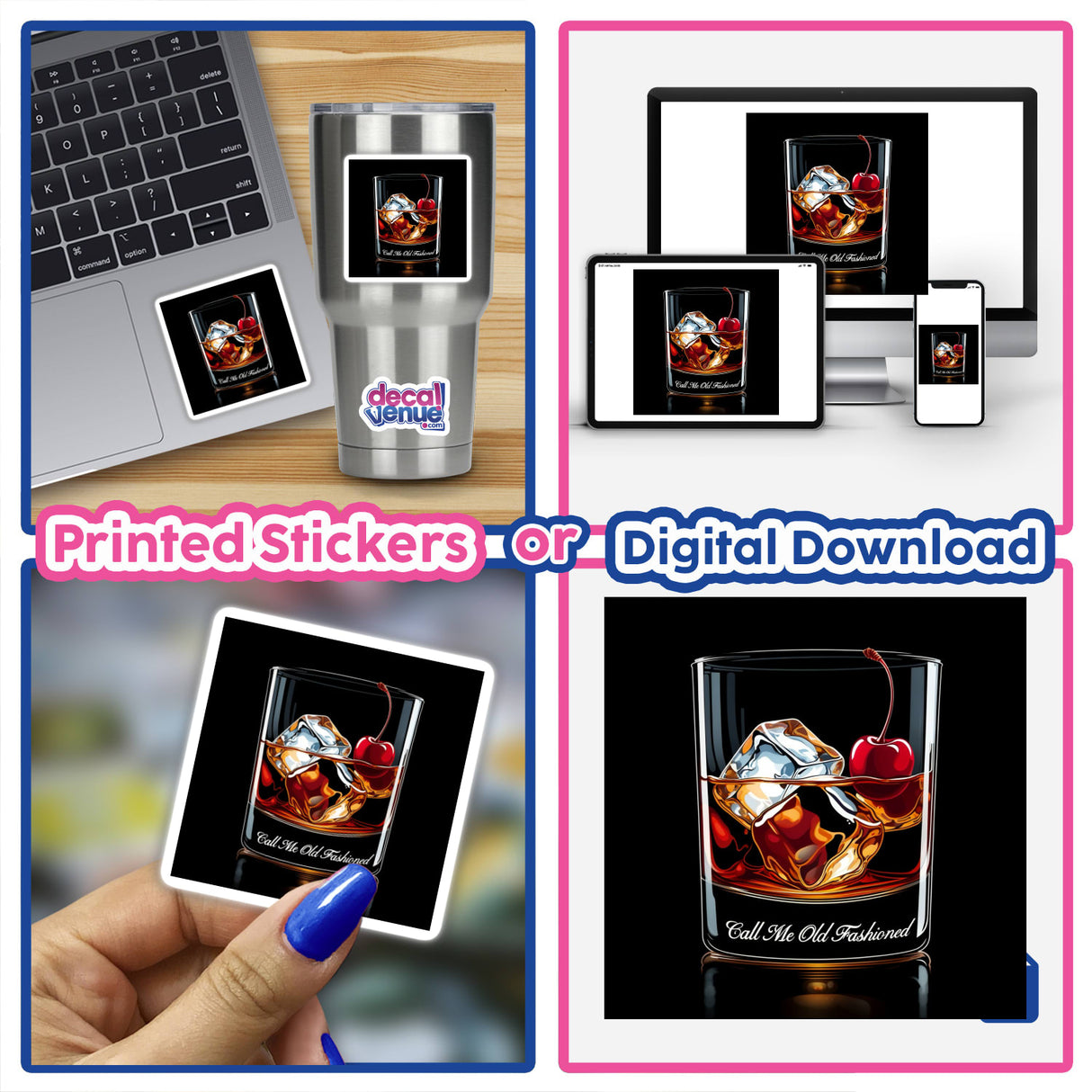 Collage featuring Call Me Old Fashioned Drink with ice and cherry, displayed as both digital artwork and vinyl stickers, highlighting unique drink-themed designs.