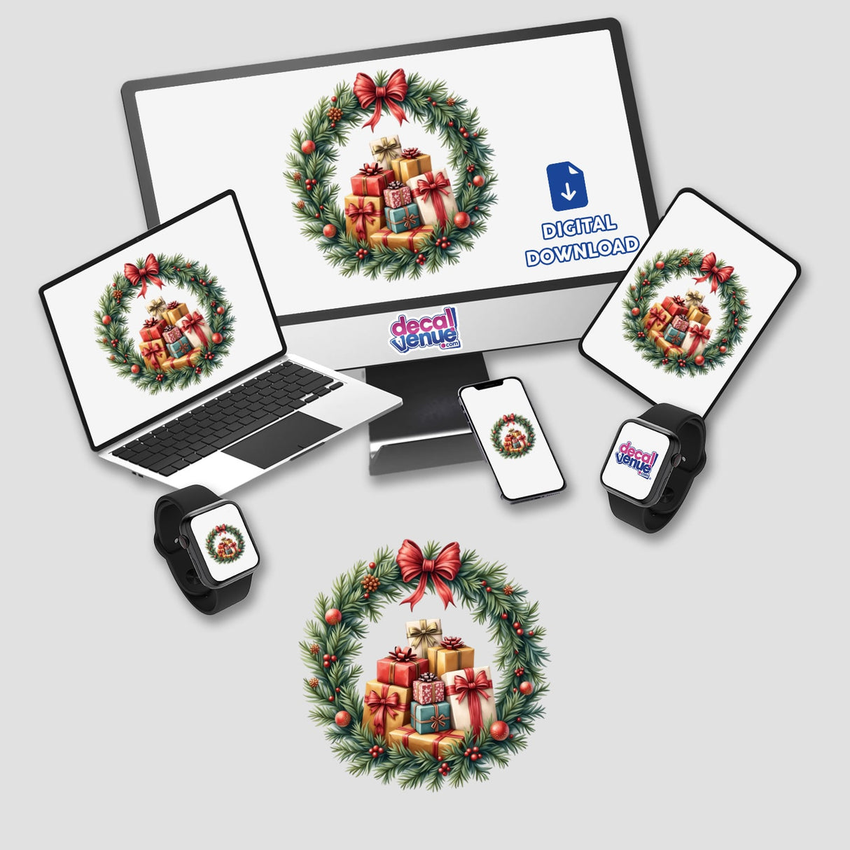 Wrapped Presents in a Christmas Wreath digital artwork displayed on various devices, showcasing festive gifts encircled by a wreath, available as stickers or digital downloads for creative projects.