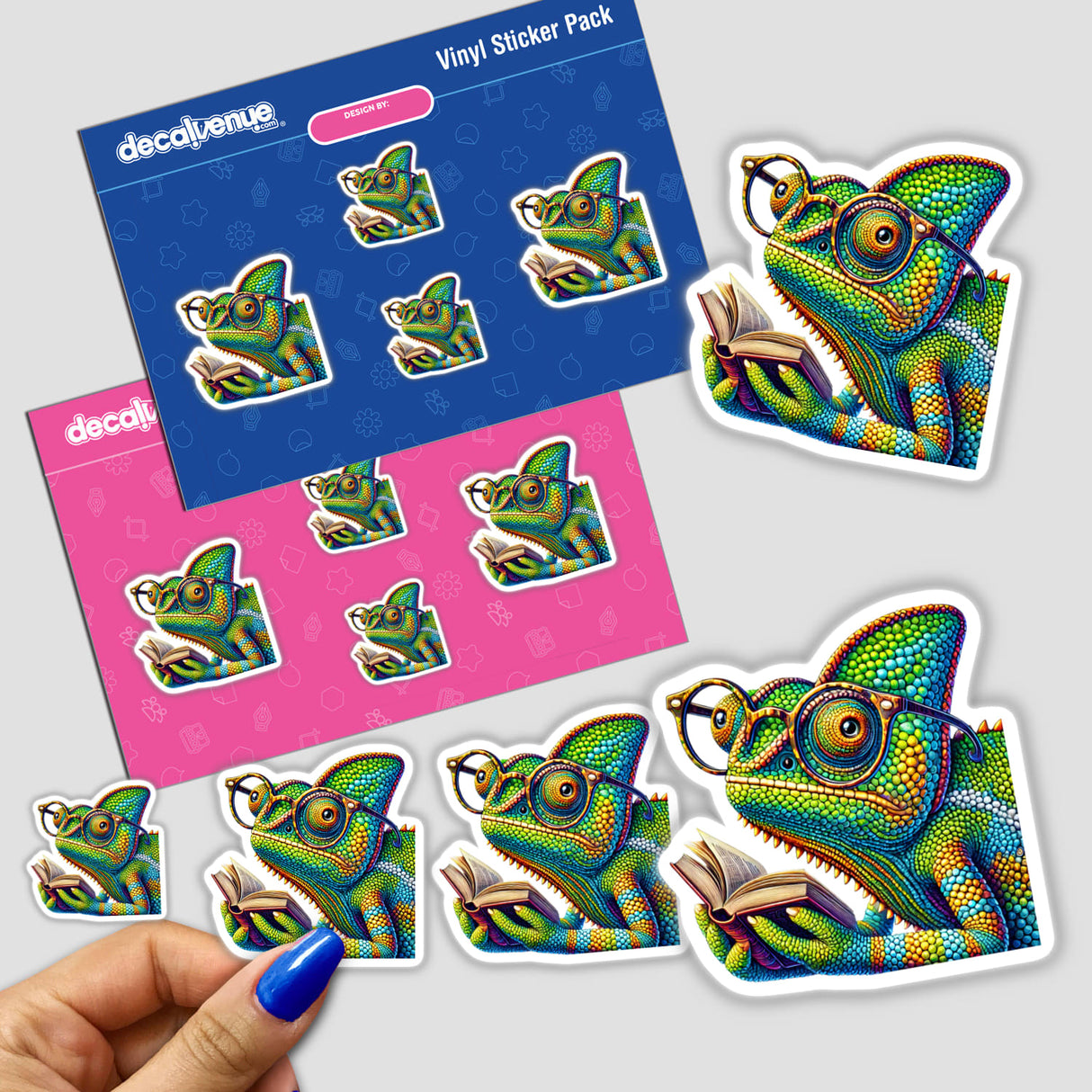 Chameleon With Reading Glasses Open Book sticker featuring a whimsical chameleon engrossed in a book, available as a sticker or digital artwork. Perfect for unique vinyl sticker enthusiasts.