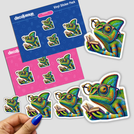 Chameleon With Reading Glasses Open Book sticker featuring a whimsical chameleon engrossed in a book, available as a sticker or digital artwork. Perfect for unique vinyl sticker enthusiasts.