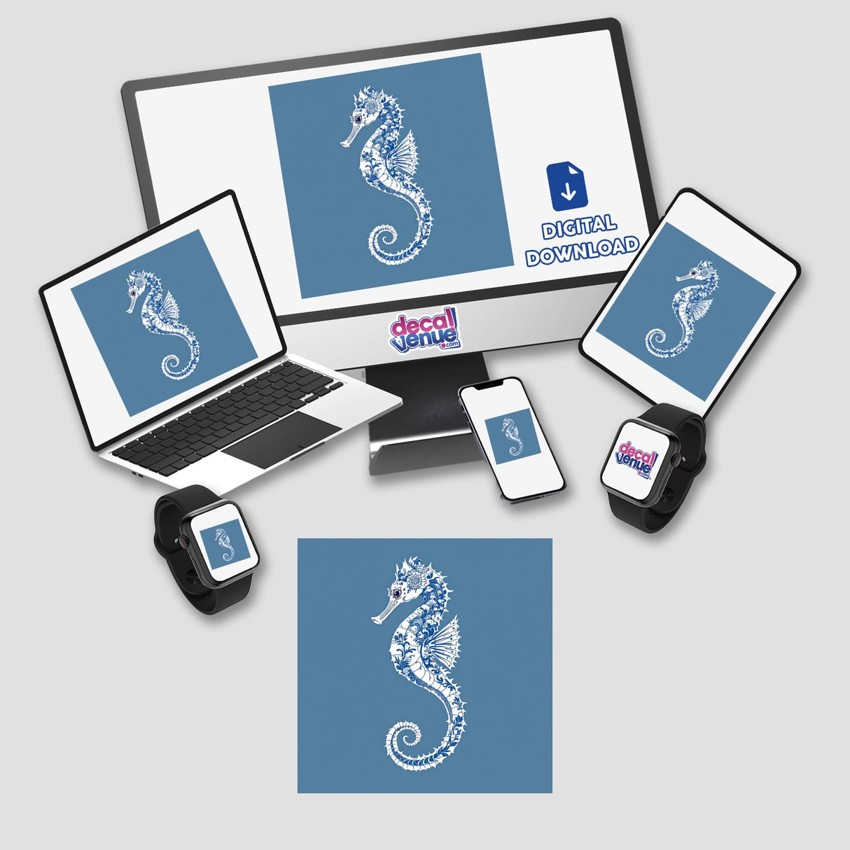 Chinoiserie Seahorse design displayed on various devices including a laptop, tablet, and smartphone, highlighting its availability as unique stickers or digital artwork from Decal Venue.