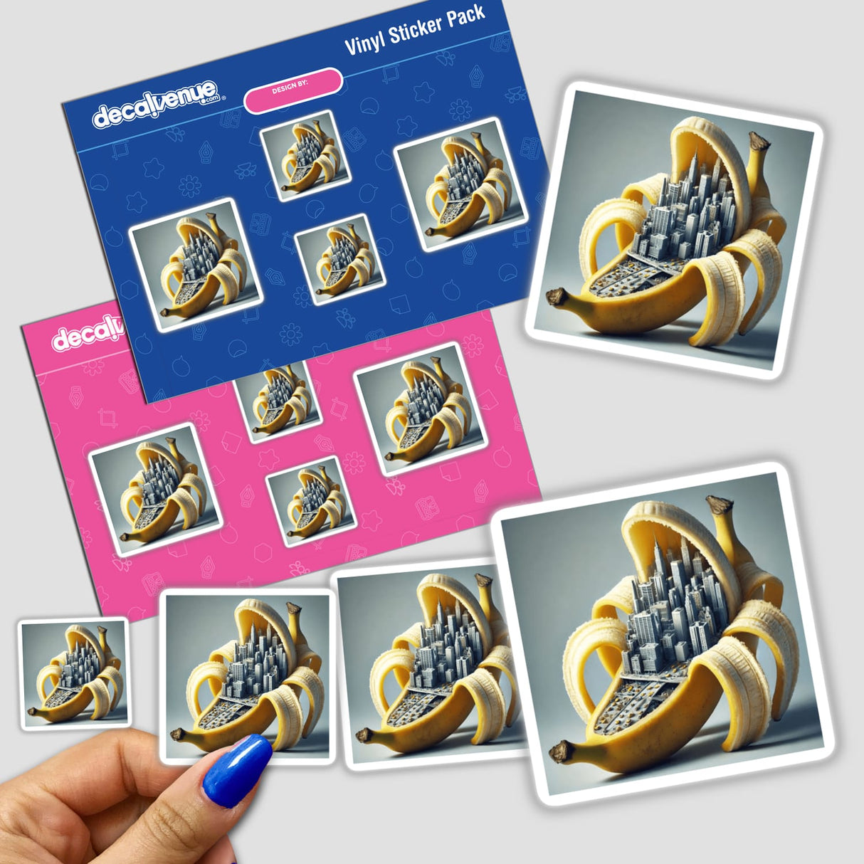 Urban Jungle Cityscape Inside a Banana sticker pack, featuring bananas with intricate cityscapes. Available as unique stickers or digital artwork from Decal Venue.